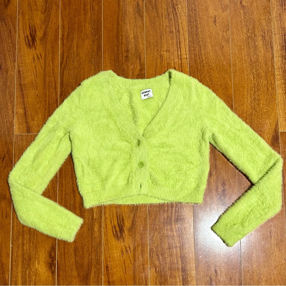 Aritzia Sunday Best Green Shaggy Cropped Cardigan